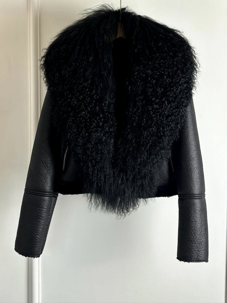 2025 Winter Women Warm Faux Leather Sheepskin Coat Female Zipper Slim Streetwear Moto Biker Jacket Large Real Wool Fur Collar - Matrix Studios