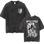 Anime Attack on Titan Vintage Washed Print T-shirt Mikasa Ackerman Eren Jaeger Wings of Freedom Logo Mens Summer Cotton T-shirts - Matrix Studios