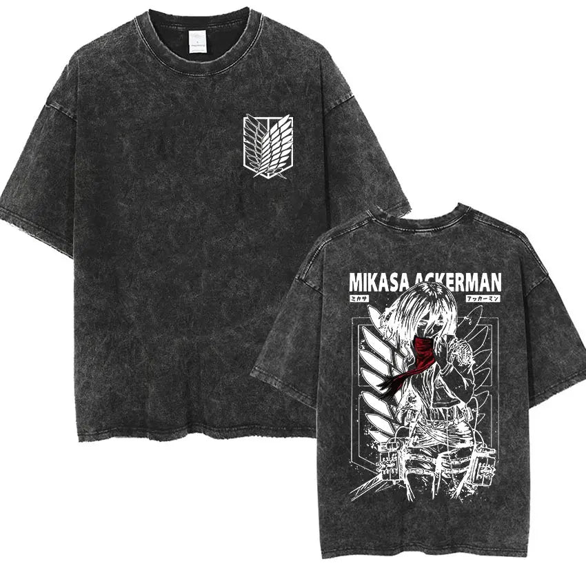 Anime Attack on Titan Vintage Washed Print T-shirt Mikasa Ackerman Eren Jaeger Wings of Freedom Logo Mens Summer Cotton T-shirts - Matrix Studios