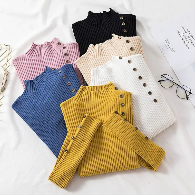2026 Autumn Knitted Turtleneck Sweaters Women Solid Knitted Female Cotton Soft Elastic Color Slim Pullovers Button Full Sleeve - Matrix Studios