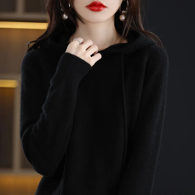 Hooded Sweater Fashion Women Autumn Winter Long Sleeve Solid Color Knitted Hoodies Lady Loose Drawstring Casual Pullover Hoodie - Matrix Studios