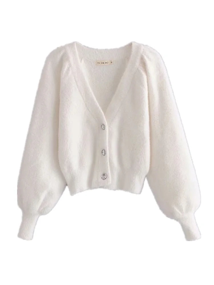 Vintage Set Shaggy Korea Style White Cardigan Furry Single-breasted Button Tank Top Knitted Sweater Jumper 1 Set - Matrix Studios
