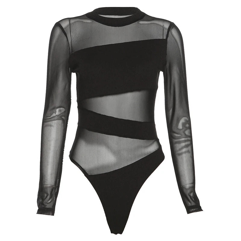 Spring Summer New Fashion Cut Cross Hollow Mesh Jumpsuit Long-Sleeved Thin O Neck Diagonal Black Charming Bodysuit Clubwear - Matrix Studios