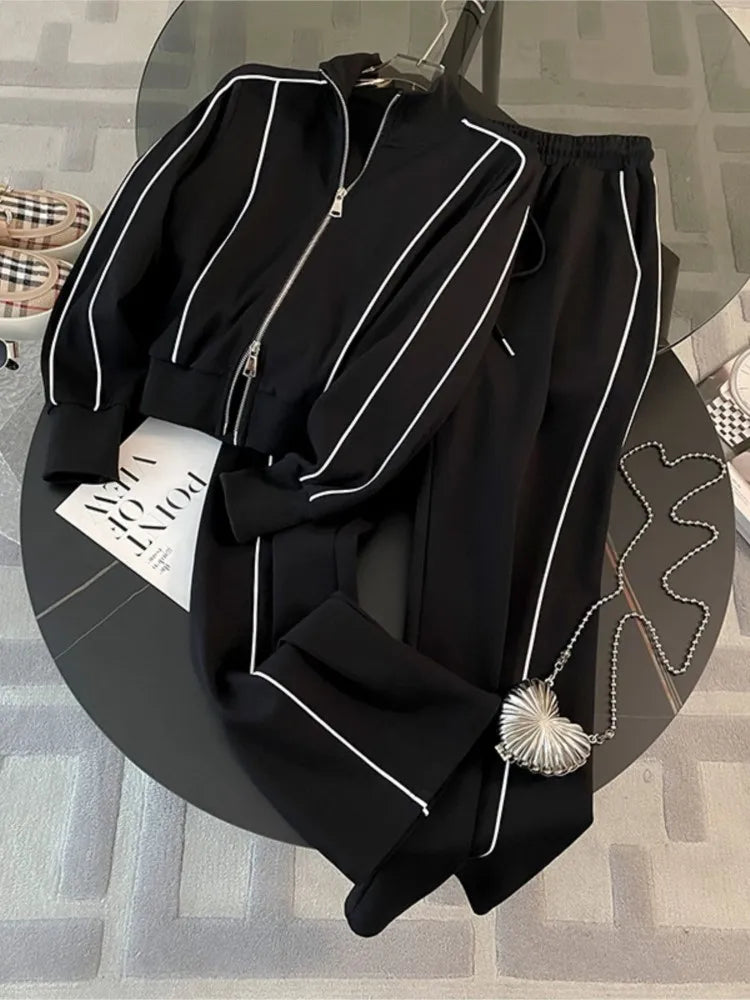 Woman's Color Blocking Sportswear Set Spring Autumn Fashion Flip Collar Zipper Coat Long Pants Two-piece Set Lady Leisure Outfit - Matrix-studios.com