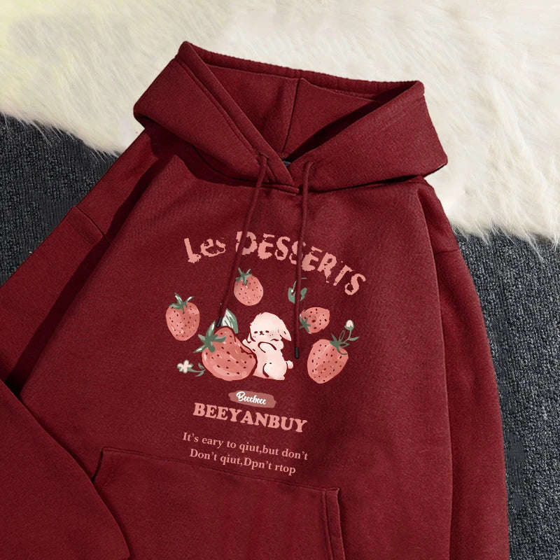 Fashion Women'S Hoodie Cute Strawberry And Rabbit Printed Sweatshirt Pocket Soft Warm Breathable Pullover Autumn Winter Hoody - Matrix Studios