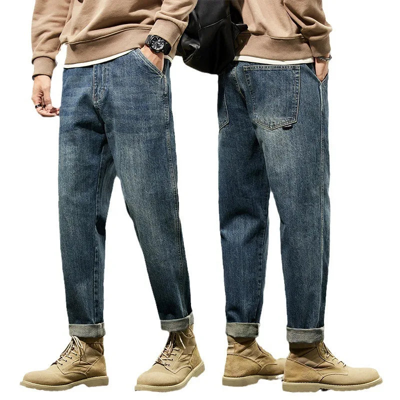 Men's Spring 2026 Loose Harem Pants Denim Retro Solid Comfortable Harajuku Straight Jeans Simple Fashion Versatile Cargo Trouser - Matrix Studios