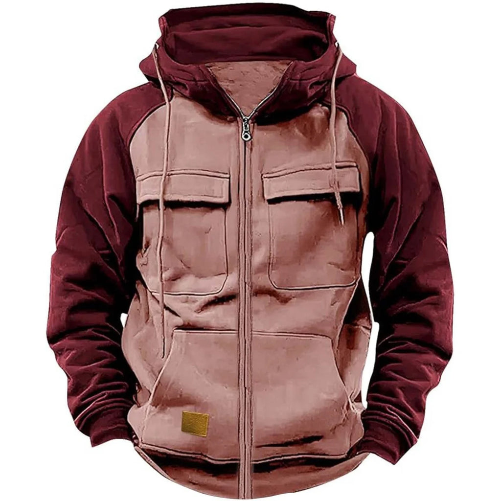 Men's Hooded Sweatshirt Zipper Patchwork Fleece Jacket Warm Sporty Autumn Winter with Multiple Pockets Fashionable Hood - Matrix Studios