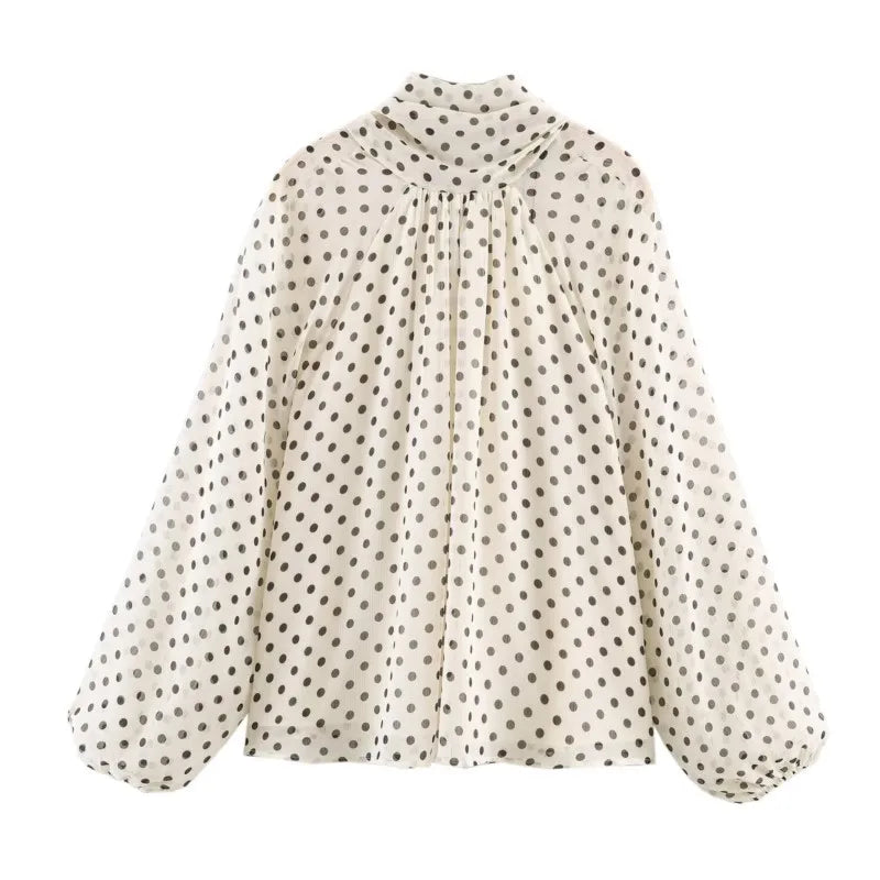 Women Polka Dot Print Blouse Casual High Collar Long Sleeve Lady Top Simple Women's Blouse Female Shirts & Blouses - Matrix-studios.com