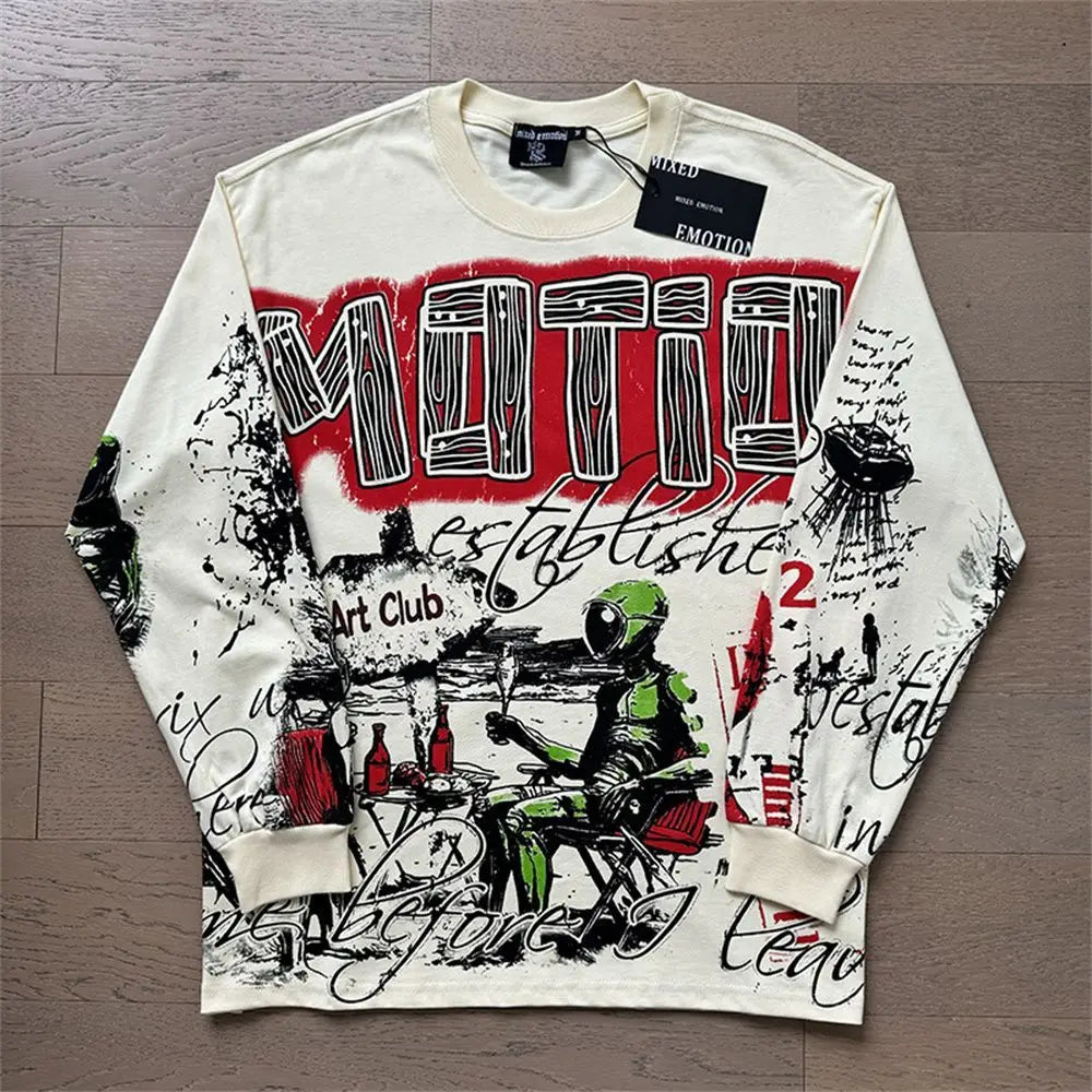 2026 New MIXED EMOTION Long Sleeve T-shirt Men Women High Street Full Print Best Quality Crewneck Hip Hop Oversized Tops - Matrix Studios