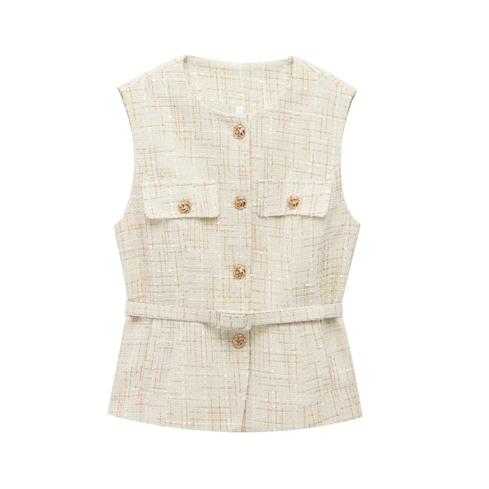 Women's Tweed Waistcoat with Belt, O Neck, Sleeveless, Front Button, Female Outerwear, Chic Tops, Fashion - Matrix Studios
