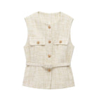 Women's Tweed Waistcoat with Belt, O Neck, Sleeveless, Front Button, Female Outerwear, Chic Tops, Fashion - Matrix Studios