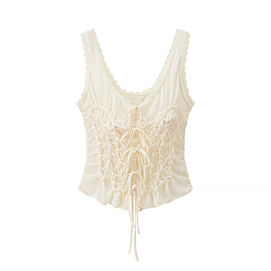 DUOPERI Women Y2K Fashion Solid Pleated Lace Up Slim Fitting Camisole Straps V-Neck Female Chic Lady Casual Tank Tops - Matrix-studios.com