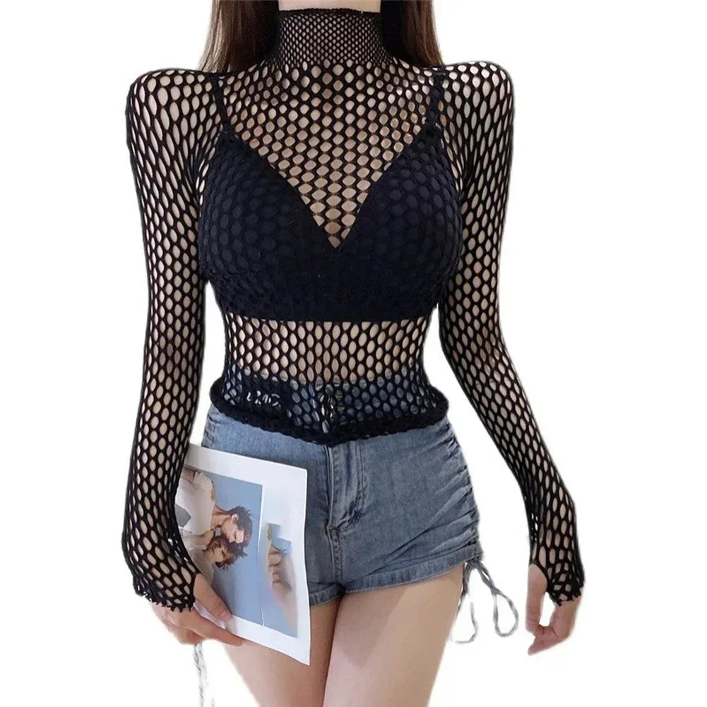 Womens Sexy Mesh Long Sleeve Fishnets Tops Fun Fashion Slim Fit Tops  Hollow Out See Through Loose Female T-shirts Crop soft Top - Matrix-studios.com