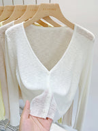 2026 Summer Thin Air Conditioning Blouse Ice Silk Knit Sun Protection Women Cardigan Solid Color Casual Short Shawl Outerwear - Matrix Studios