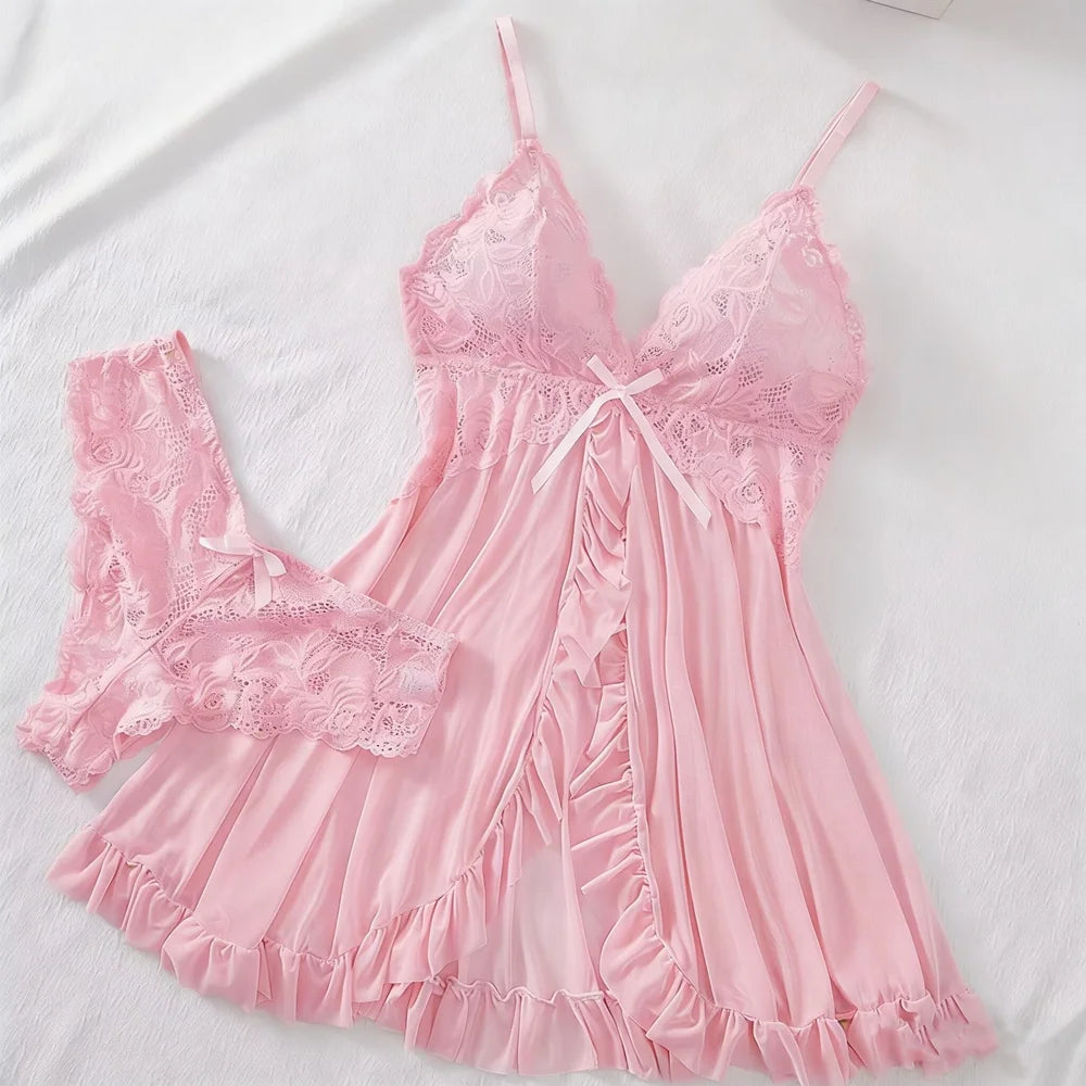 Sexy Lingerie Set Women Erotic Bra Nightdress Sexy Lace Sleepwear Solid Slim Soft Dresses V Neck Full Slip Sleepwear & Dresses - Matrix-studios.com
