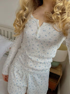 Eyelet Buttons White Long Sleeve T-shirt Shorts Set Woman Slim Tees+Elastic Straight Sweatshort Cotton Home Pajama 2 Piece Sets - Matrix-studios.com