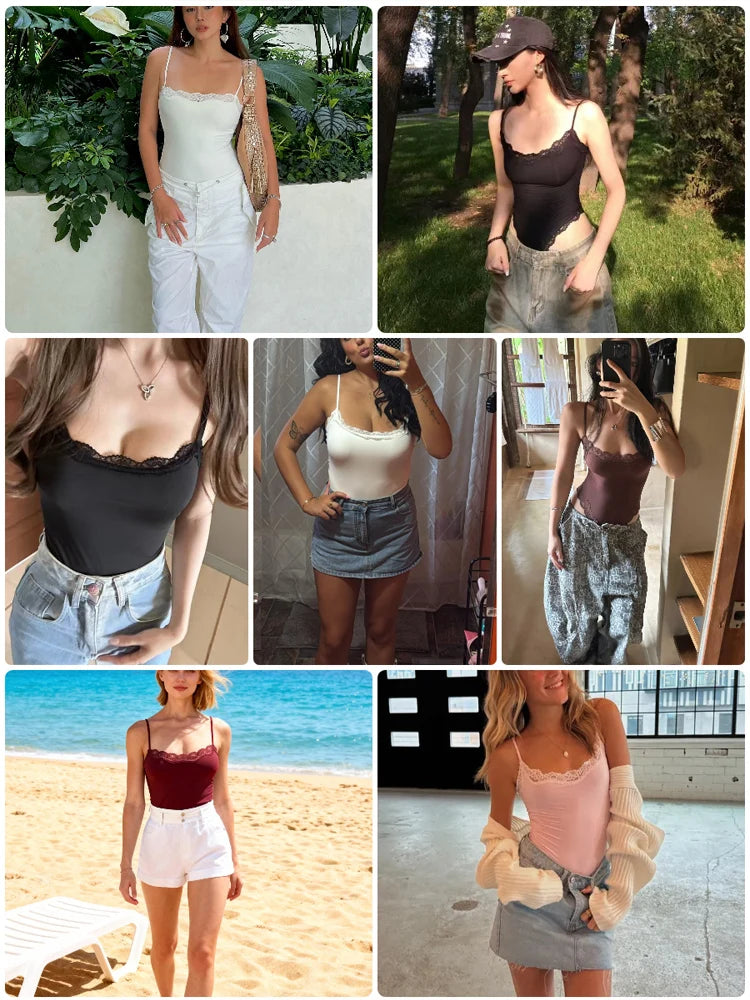 VITALINOVO Women Square Neck Lace Trim Bodysuit High Cut Thong Spaghetti Strap Cami Bodysuit Double Layer Going Out Tank Tops - Matrix-studios.com