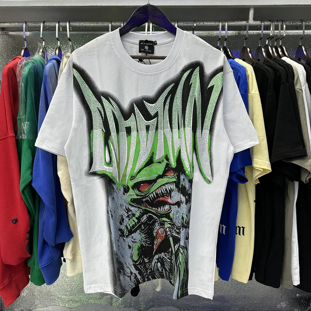 MIXED EMOTION Shirt Rhinestone Short Sleeve Men Women T-shirt Streetwear 100% Cotton Loose Round Neck Top Tees Oversized Tee Top - Matrix Studios