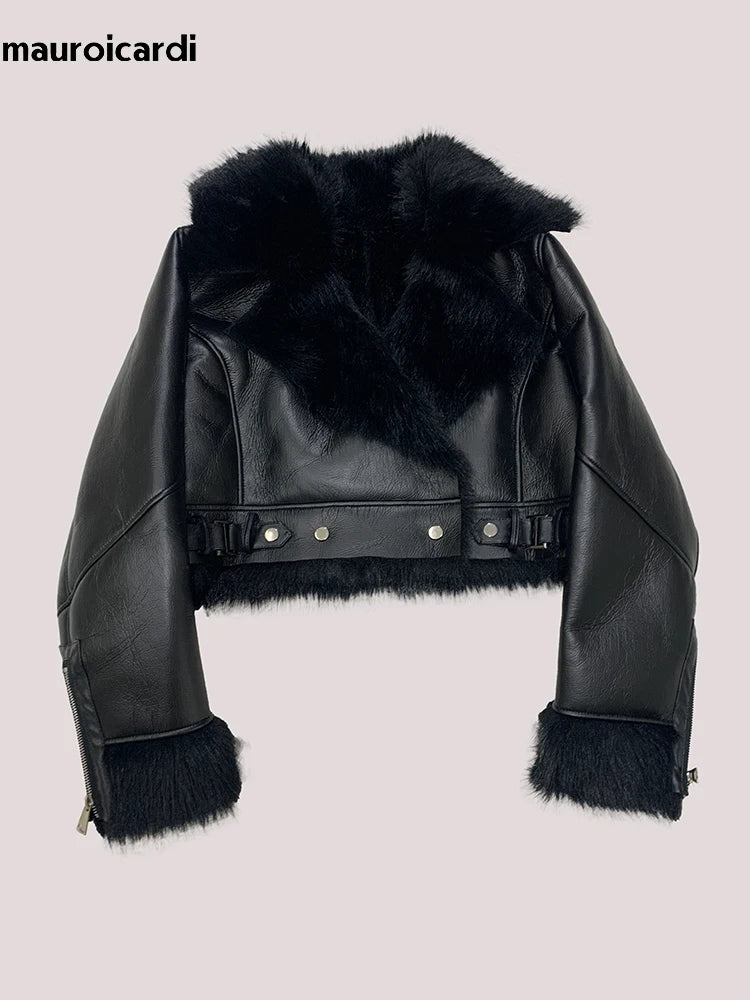 Mauroicardi Autumn Winter Short Thickened Black Warm Soft Faux Sheepskin Coat Women Loose Casual Chic Fluffy  Jacket 2025 - Matrix Studios