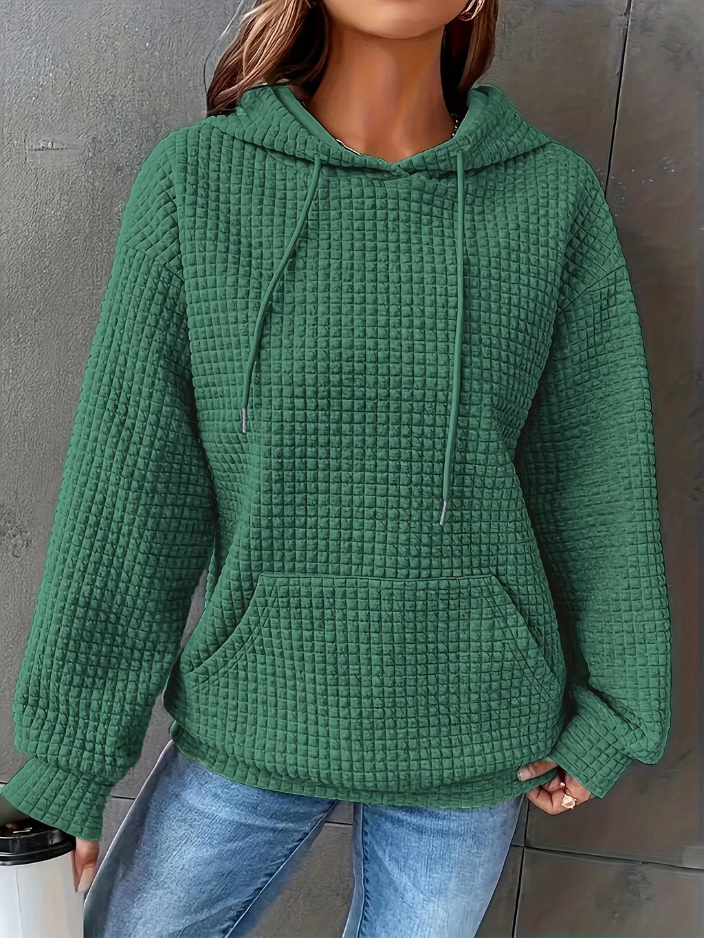 Women Short Length Waffle Knit Hoodie Solid Black Drawstring Pullover Sweatshirt Front Kangaroo Pocket Long Sleeve Casual Tops - Matrix Studios