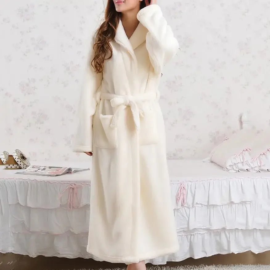 Coral Fleece Long Robe Kimono Gown Winter Warm Flannel Nightdress Bathrobe Casual Sleepwear Intimate Lingerie Thicken Homewear - Matrix-studios.com