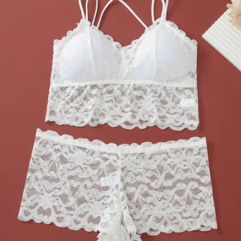 Women's Lace Non-wire Bra And Panties Set Transparent Low Rise Briefs Ultra-thin Comfort Underwear Female Bralette Lingerie Set - Matrix-studios.com