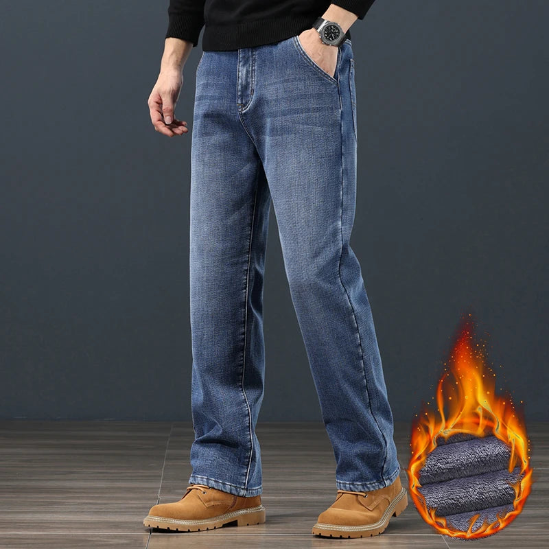Winter Fleece Men Jeans Classic Loose Straight Warm Thicken Trousers Business Casual Velvet Elastic Denim Pants Plus Size 42 44 - Matrix Studios