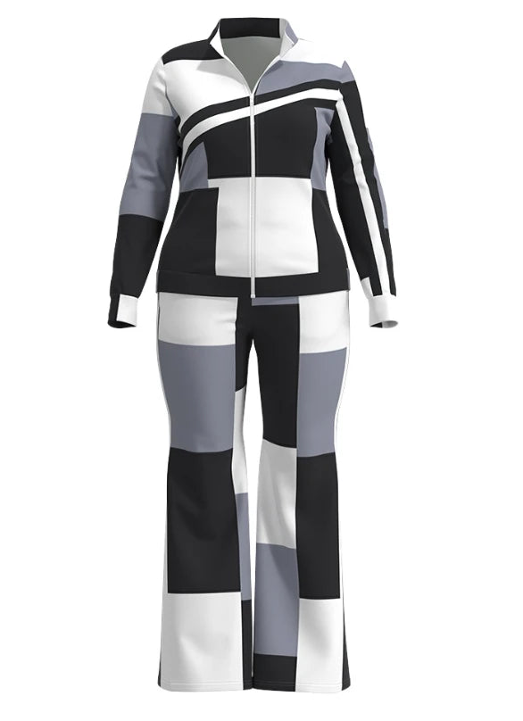 Two Piece Set Women Outfit 2023 Autumn Fashion Geometric Print Stand Collar Long Sleeve Zip Up Top & Casual Sporty Pants Set - Matrix-studios.com