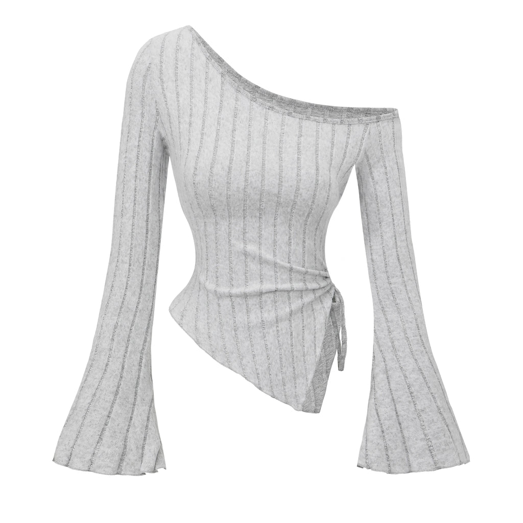 Women's Off-Shoulder Cross Long-Sleeved Slim Fit T-Shirt Asymmetrical Street Style Casual Elegant Top with Trumpet Sleeves - Matrix-studios.com