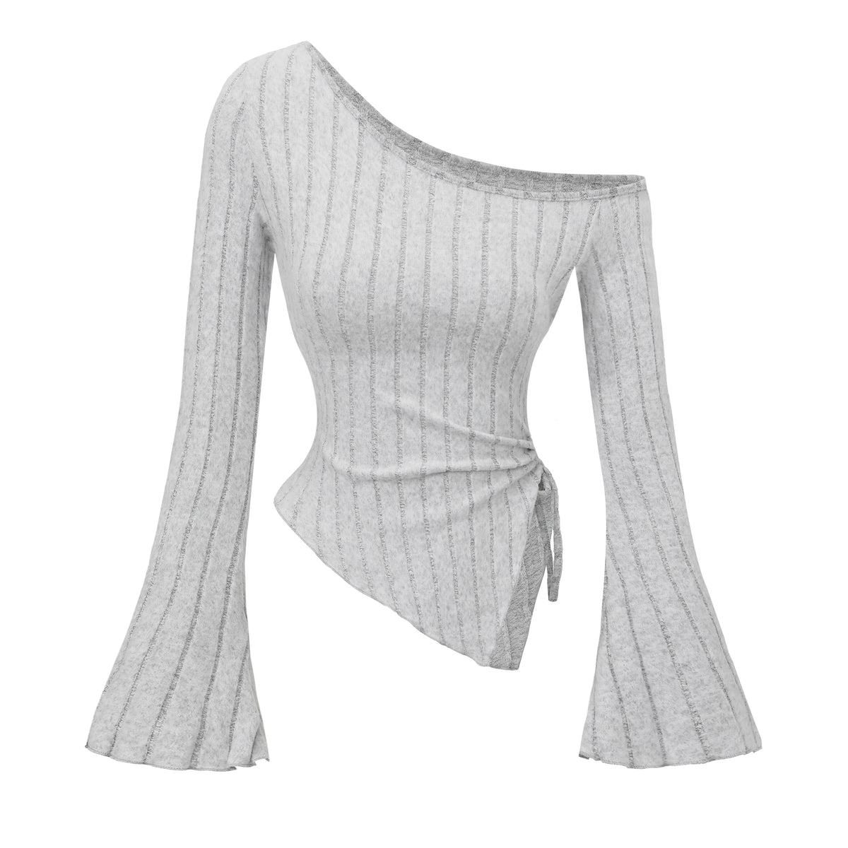 Women's Off-Shoulder Cross Long-Sleeved Slim Fit T-Shirt Asymmetrical Street Style Casual Elegant Top with Trumpet Sleeves - Matrix-studios.com