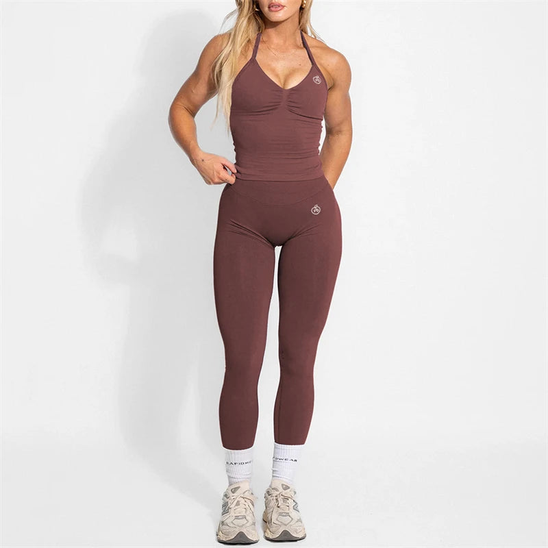 Women's Yoga Set Bum Balance Fitted Halter Tops & Shaping Pants 2pcs Yoga Sportwear Workout Gym Clothing High Waist Leggings Set - Matrix-studios.com