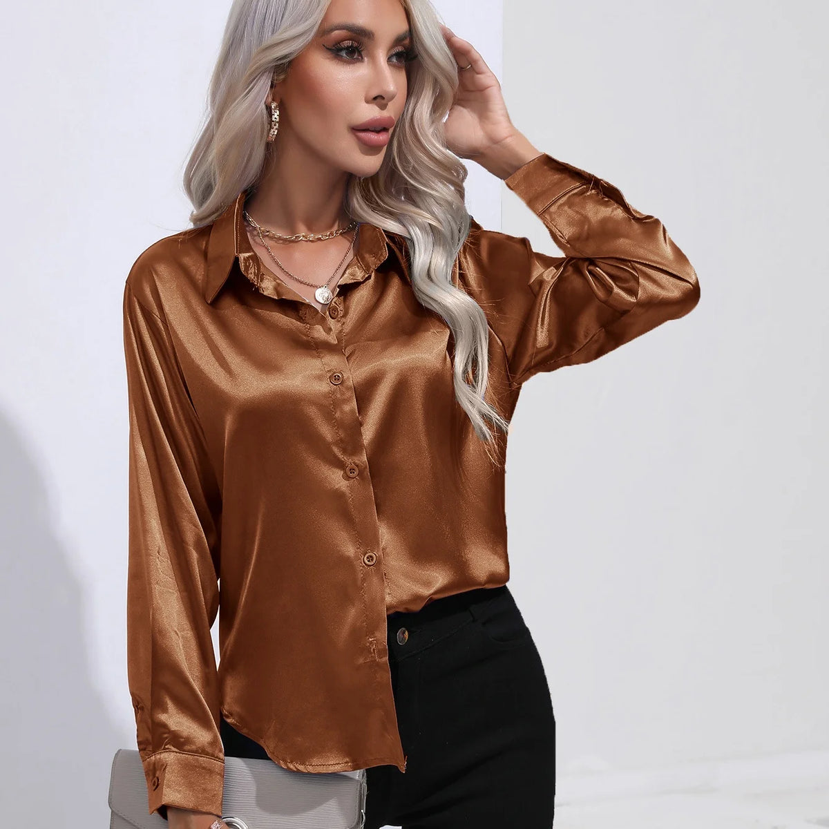 Autumn Casual Women's Blouses Elegant Satin Multicolor Basic Slim Shirt Solid Vintage Trend Ball Dance Party Shirt All-Match Top - Matrix-studios.com