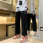 American retro washed letter spliced denim trousers high street trendy brand couple loose straight micro-flared long trousers - Matrix Studios