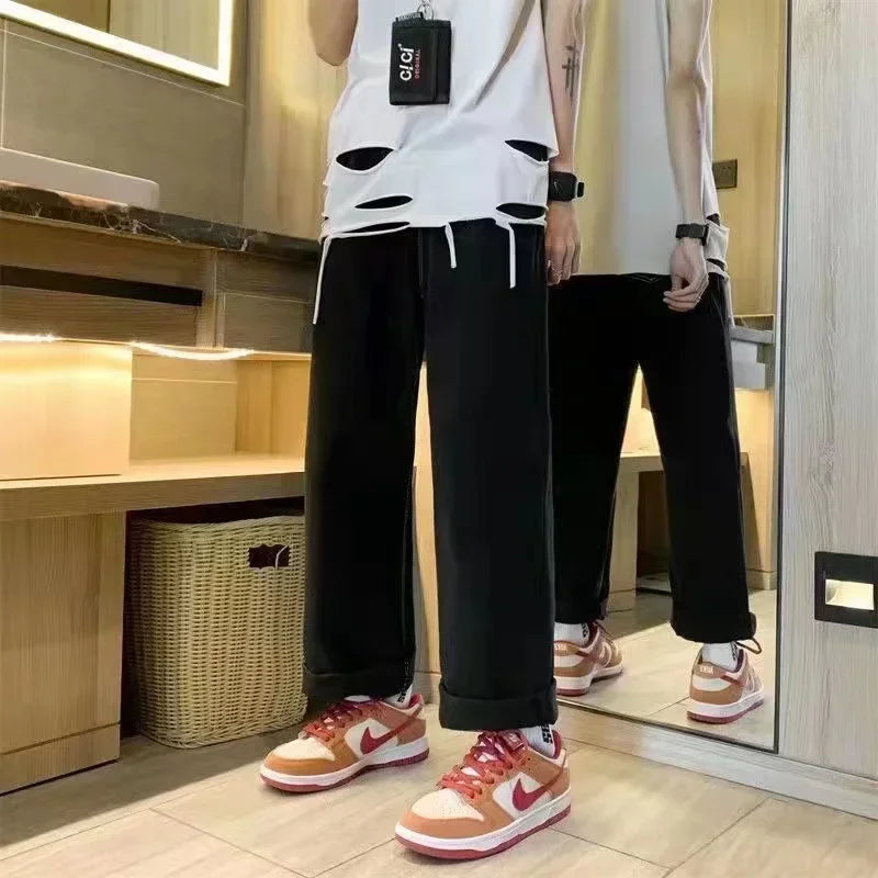 American retro washed letter spliced denim trousers high street trendy brand couple loose straight micro-flared long trousers - Matrix Studios