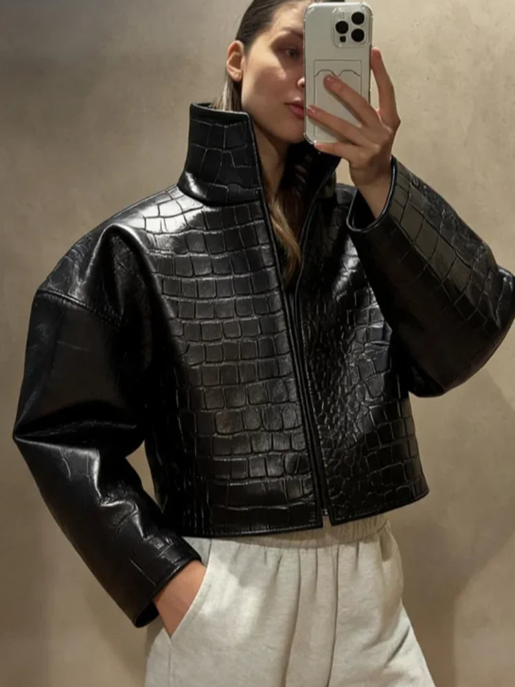Crocodile Pattern Embossed Short Women Leather Jacket Stand Collar Zipper Long Sleeved Cropped Jackets 2026 Street Daily Outfit - Matrix Studios