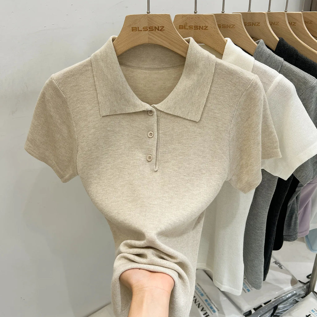 AOSSVIAO 2026 Summer Women Polo Collar Knit Short Sleeve T-shirt Fashion Versatile Simple Casual Slim Fit Button Tee Tops - Matrix-studios.com