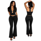 Women 2 Piece Outfits Halter Cutout Crop Top & Flare Pants Set, Metal Buckle Eyelet Detail Sleeveless Bodycon Matching Sets Y2K Club Co‑Ord - Matrix-studios.com