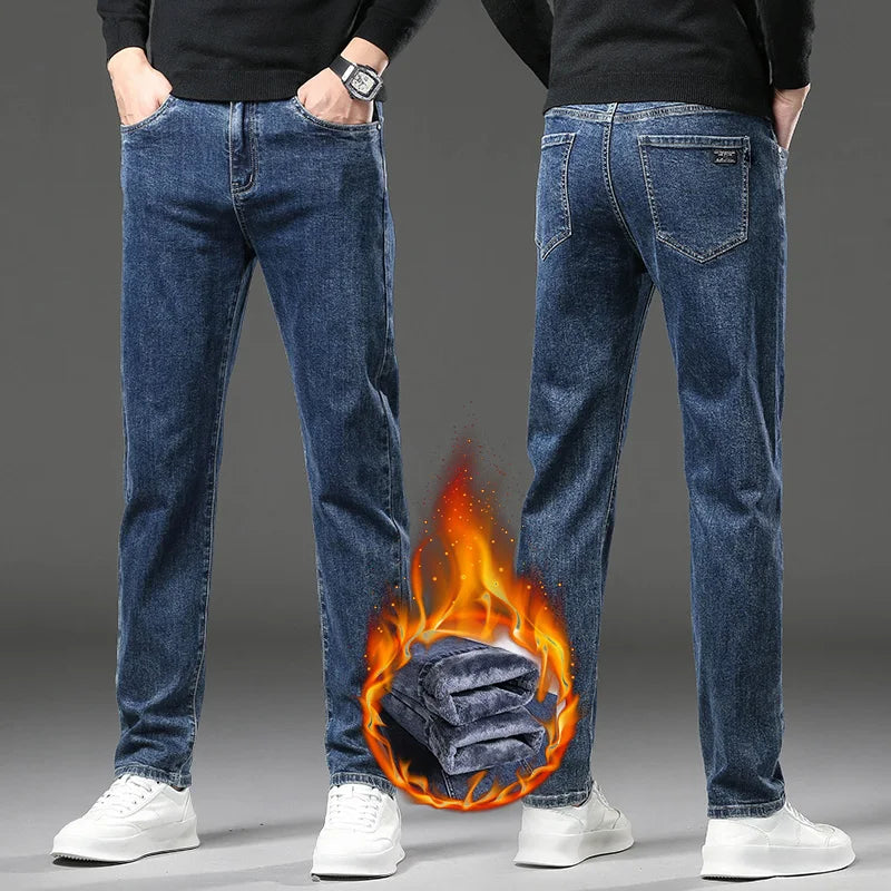 Winter Fleece Thick Warm Jeans Men's Slim Straight Elastic Denim Pants Casual Male Clothing Fashion Plush Trousers - Matrix Studios