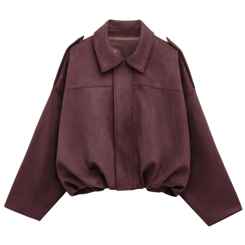 HXAO Women's Bomber Jacket Lapel Long Sleeve Zipper Suede Jacket Women 2025 High Street Cropped Racing Jackets Coats Outerwears - Matrix-studios.com