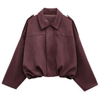 HXAO Women's Bomber Jacket Lapel Long Sleeve Zipper Suede Jacket Women 2025 High Street Cropped Racing Jackets Coats Outerwears - Matrix-studios.com