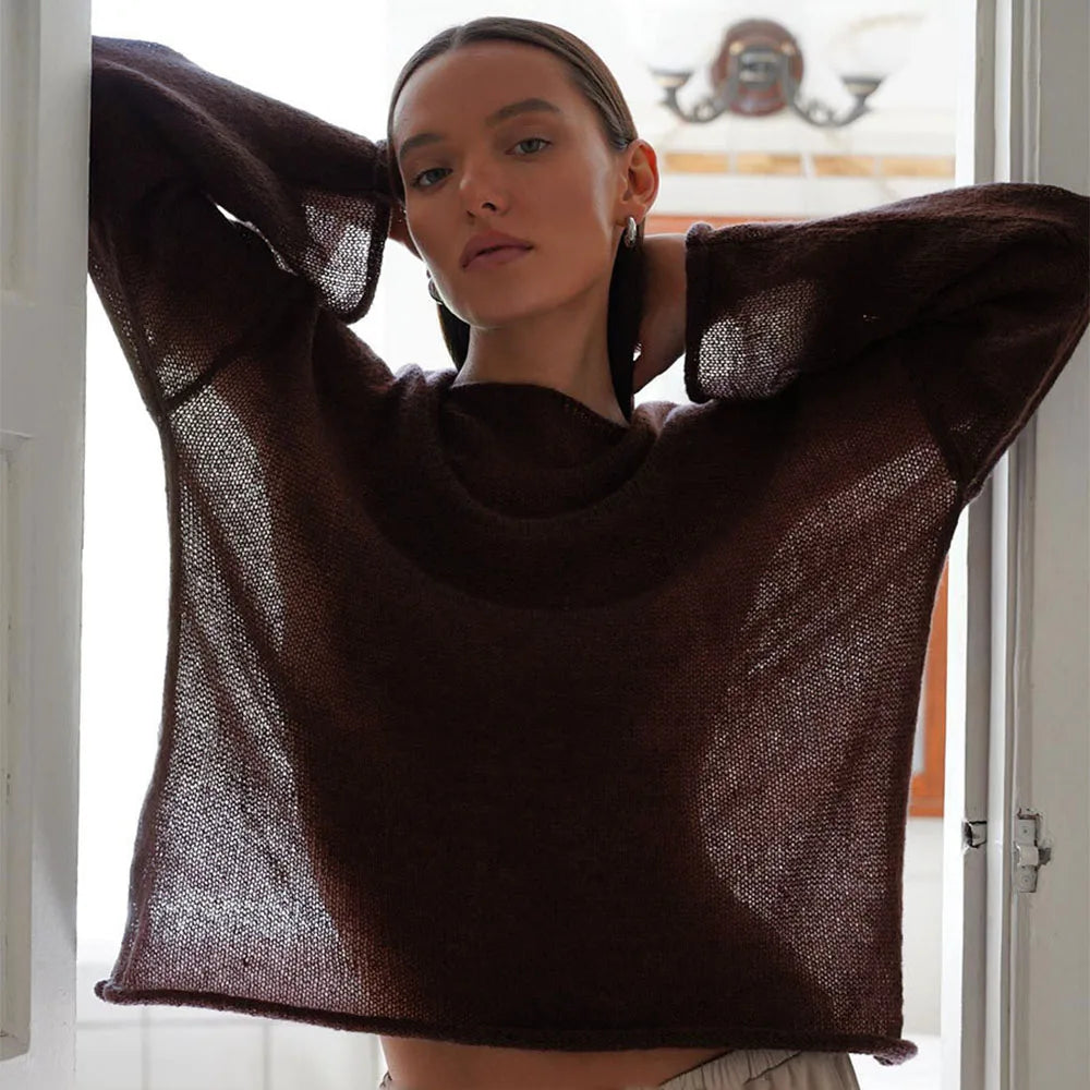 Talenza Hollow Knitted Sweater Pullover Women's Solid See-through O-Neck Long Sleeve Knitted T-Shirt Loose Casual Pullover 2026 - Matrix Studios