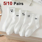 5/10 Pairs Women White Cartoon Socks Trendy Versatile Expression Socks Simple Design Soft Breathable Comfortable Casual Socks - Matrix Studios