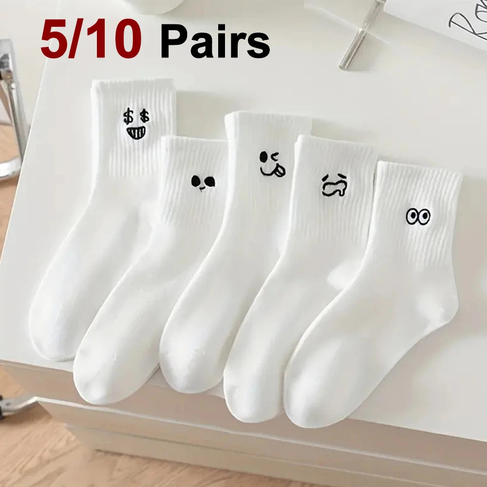 5/10 Pairs Women White Cartoon Socks Trendy Versatile Expression Socks Simple Design Soft Breathable Comfortable Casual Socks - Matrix Studios