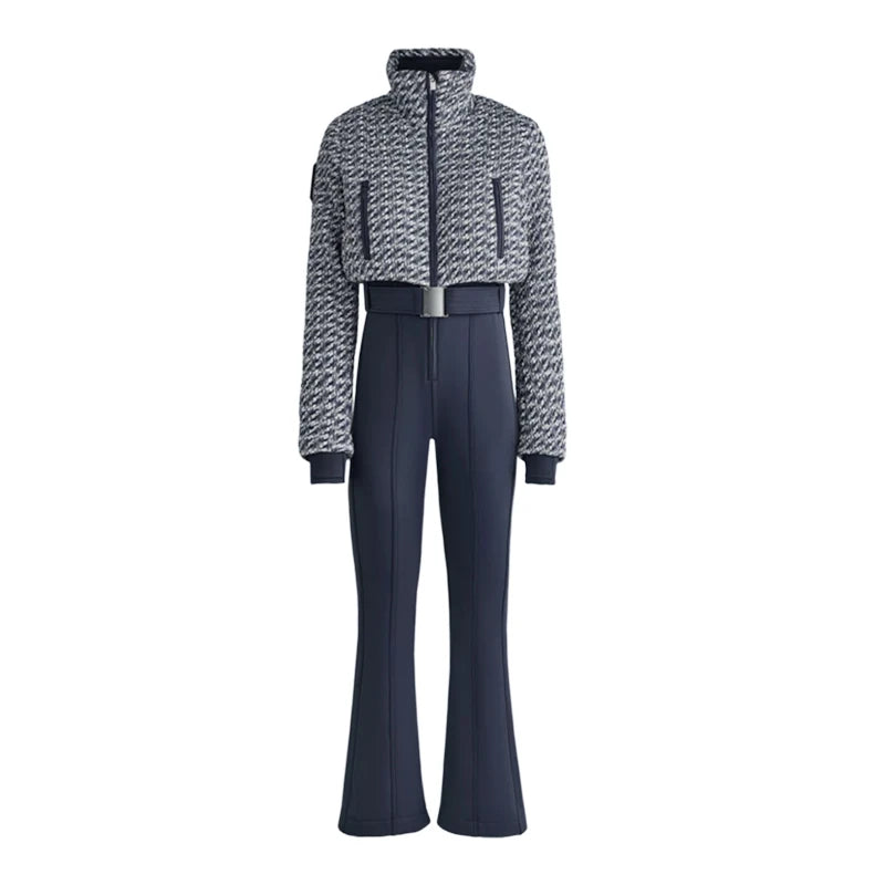 Elegant Print Thicken Ski Jumpsuit Women Chic Full Sleeve Stand Collar Zipper Belt Long Romper Fashion Warm High Waist Rompers - Matrix Studios