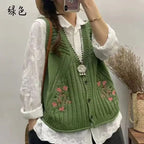 Vintage Embroidery Knitted Vests Sleeveless Cardigan Buttons Pockets Spring Autumn Tops Coats Waistcoat Design Trend Vests New - Matrix Studios