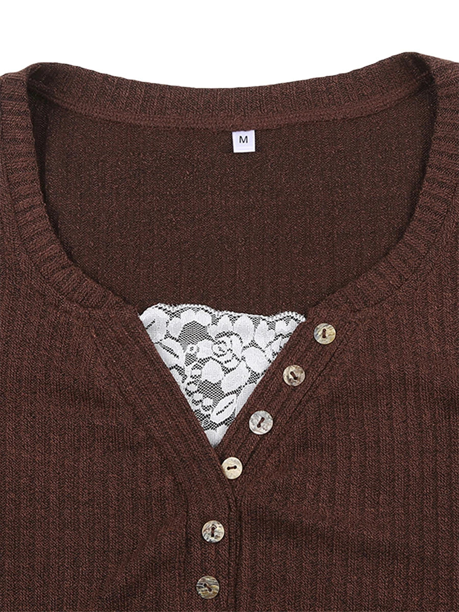 Women Button Front Knit Tops Long Sleeve Lace Patchwork Slim Fit Sweater Fall Fairy Grunge Gothic Y2K Clothes - Matrix Studios