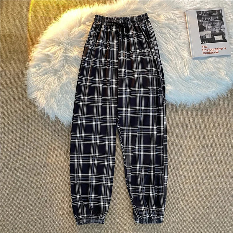 Pants Women New Bunch of feet Fashion Loose Black Plaid Summer Harajuku Students Streetwear Harem Long Trousers Womens Chic - Matrix-studios.com