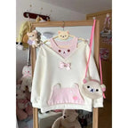 Japanese Kawaii Sweatshirts Women Autumn Sweet Bow Casual Off Shoulder Hoodies Design Elegant Lolita Tops Patchwork Coat - Matrix Studios