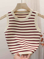 2026 Spring Summer New Sleeveless Ice Silk Knit Tank Top Striped O-Neck Women's Camisole Slim Fit Versatile Sexy Crop Tops - Matrix-studios.com