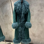Suede Coat Fur Collar Women Autumn Genuine Sheepskin Coat Long with Mongfolian Fur Trim - Matrix Studios